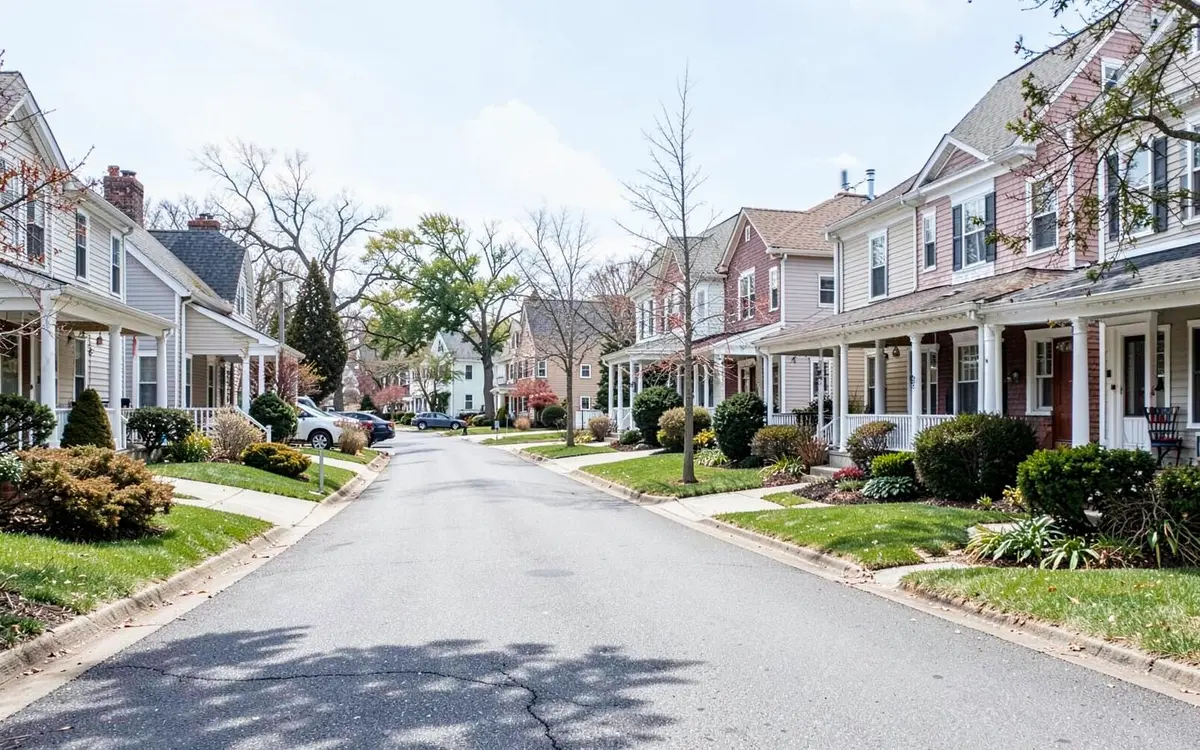 Quiet residential street of ranch and colonial homes in Holbrook, NY, Suffolk County