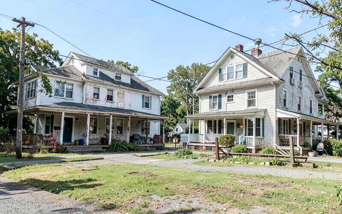 Older two-family and single-family homes near the train station in the Village of Lynbrook, NY, Nassau County