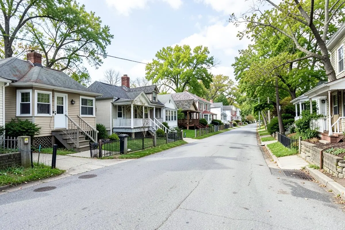 Waterfront cottages and frame homes along a quiet street on City Island, Bronx, NY