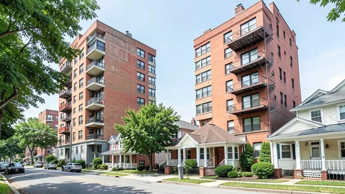 Mid-rise condominium buildings and attached homes on a residential street in Flushing, Queens, NY