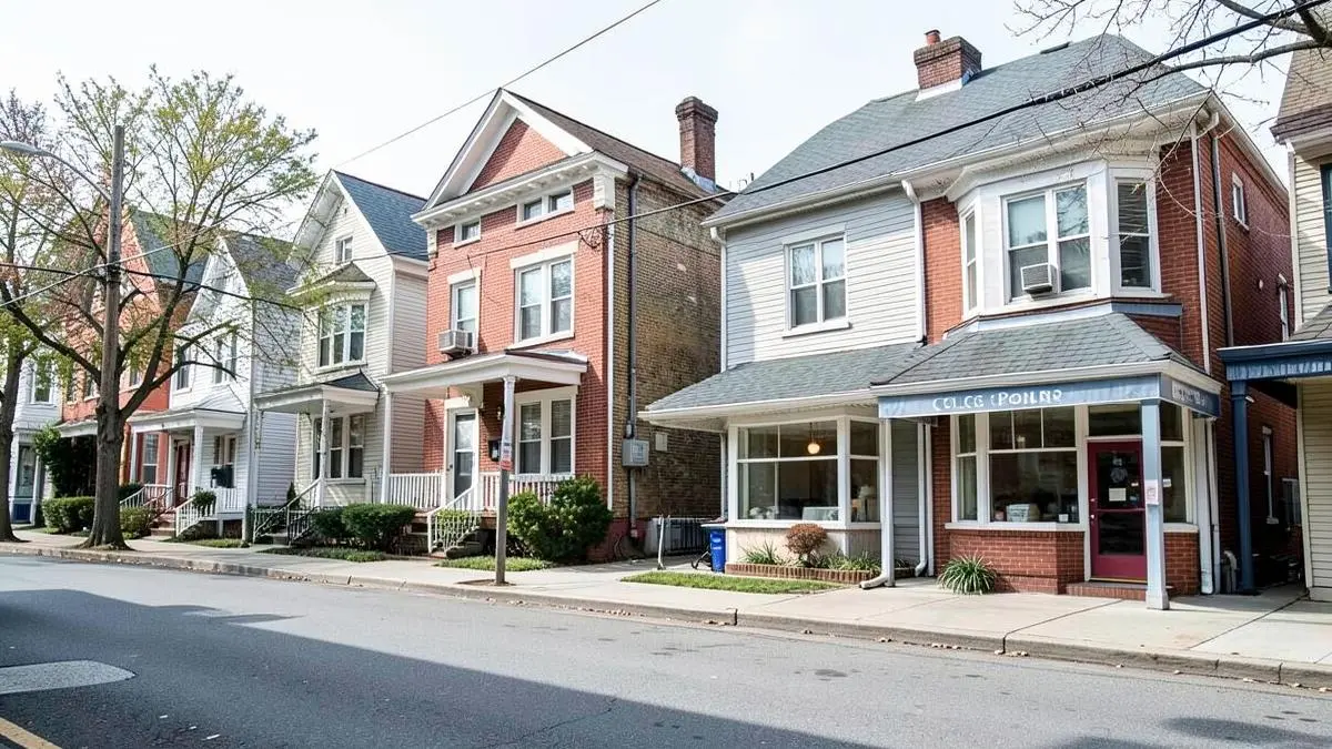 Two-family homes and small storefronts along a residential street in College Point, Queens, NY