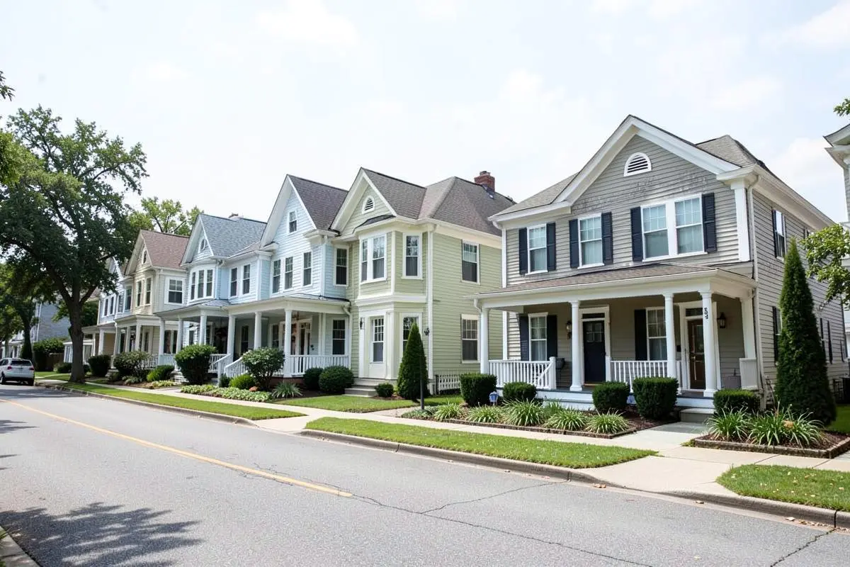 Ranch and colonial homes on a residential street near the industrial park in Hauppauge, NY, Suffolk County