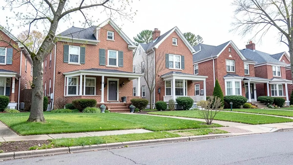 Brick colonial and cape homes with front lawns on a residential street in Fresh Meadows, Queens, NY