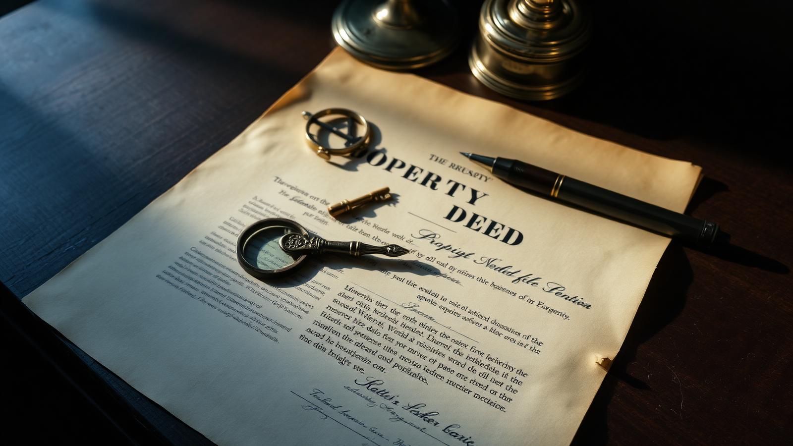 Antique property deed on a wooden desk with a magnifying glass and key, illustrating quiet title litigation