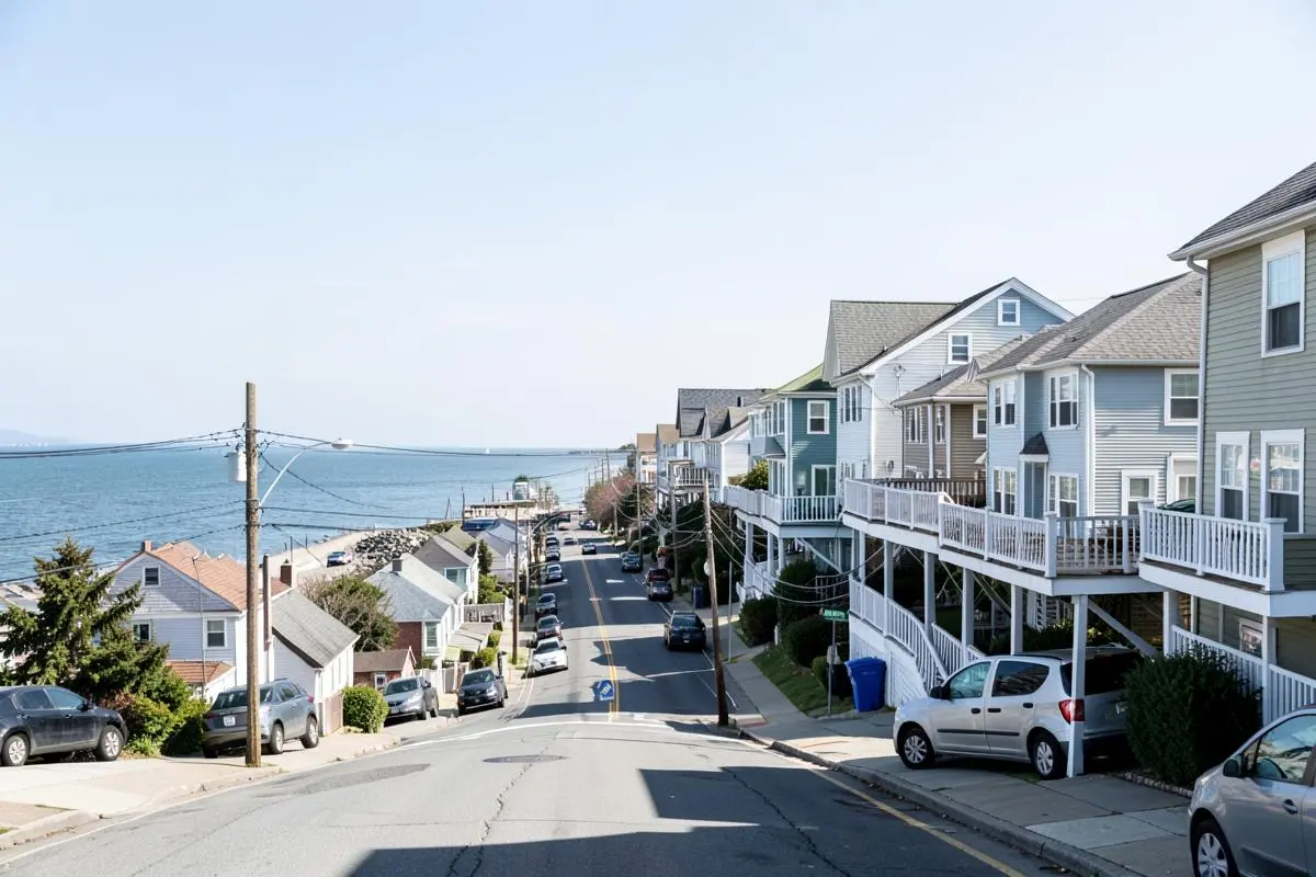 Elevated and rebuilt homes on a residential street near the shore in Midland Beach, Staten Island, NY