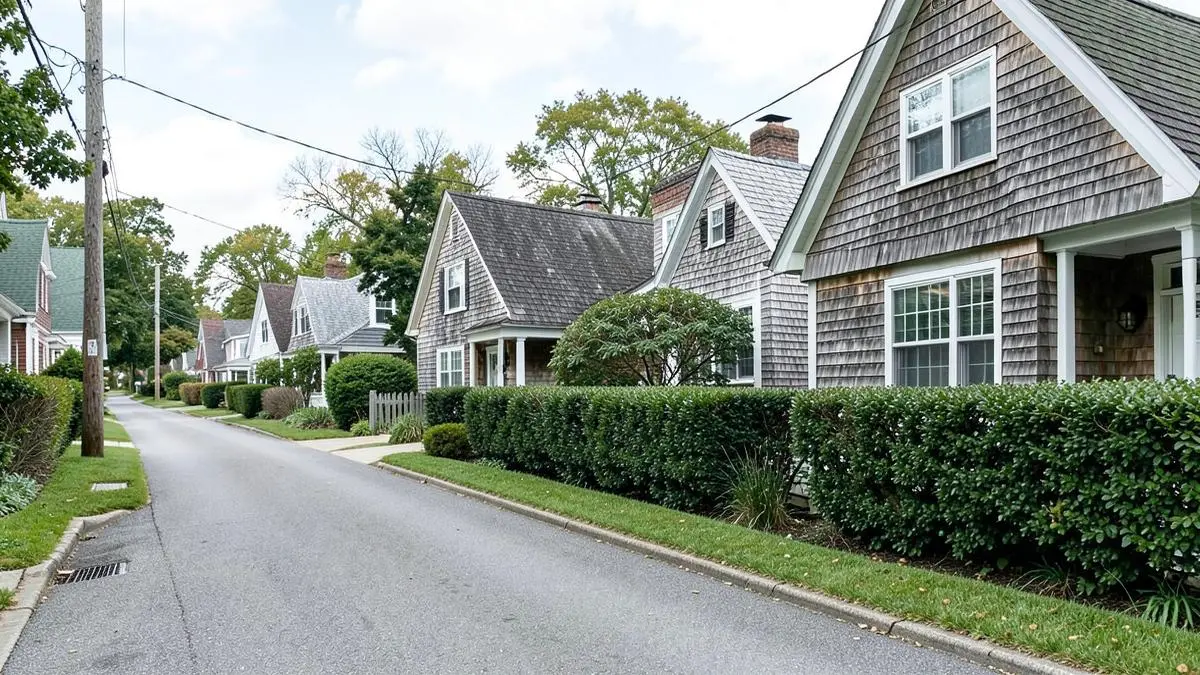 Shingled homes on a residential street near Shinnecock Bay in Hampton Bays, NY, Town of Southampton, Suffolk County