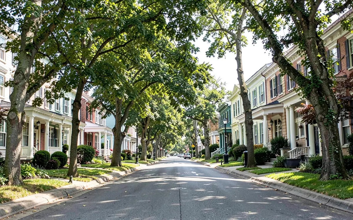 Tree-lined street of colonial homes in the Village of Rockville Centre, NY, Nassau County