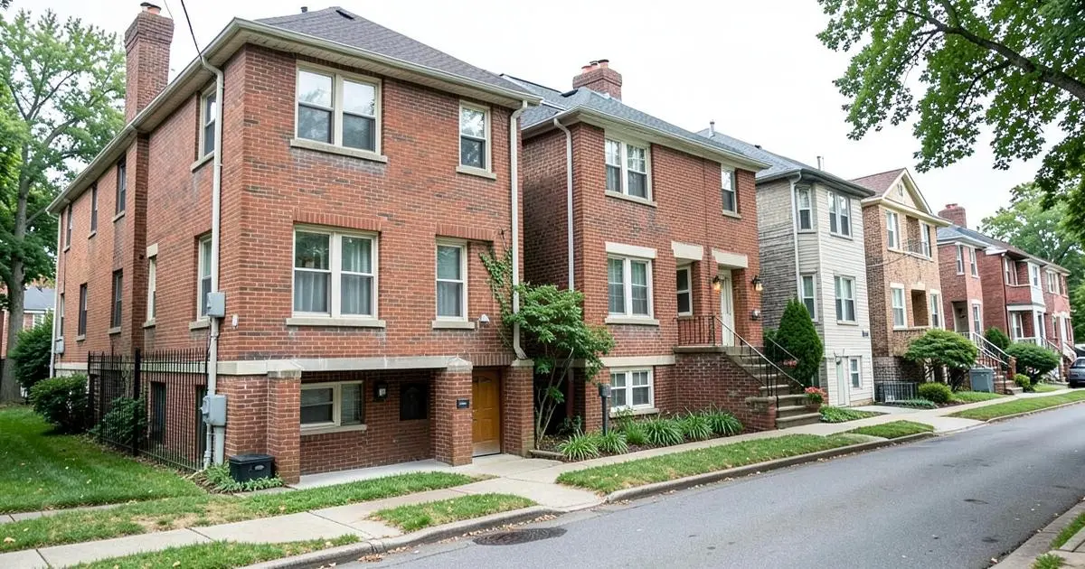 Brick and frame two-story homes with finished basements on a residential street in Queens Village, Queens, NY