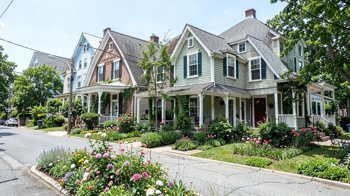 Tudor and cape homes on a tree-lined village street in Floral Park, NY, Nassau County