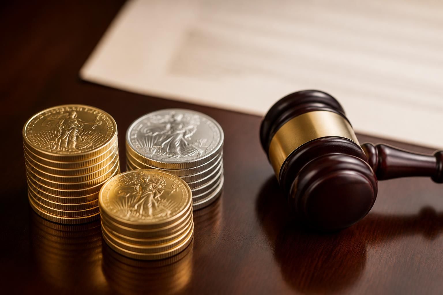 Gold and silver coins beside a judge gavel on a wooden desk representing surplus foreclosure funds