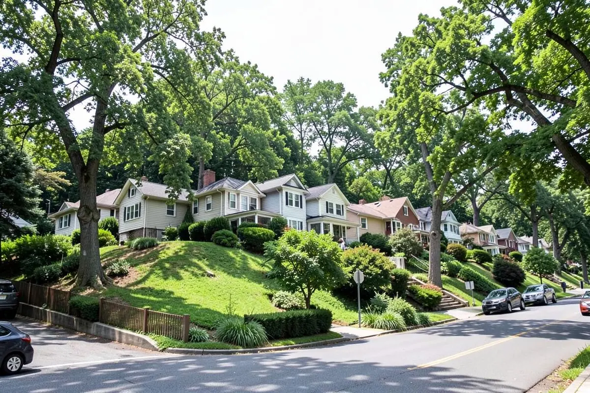 Large detached homes with mature trees on a hillside street in Riverdale, Bronx, NY