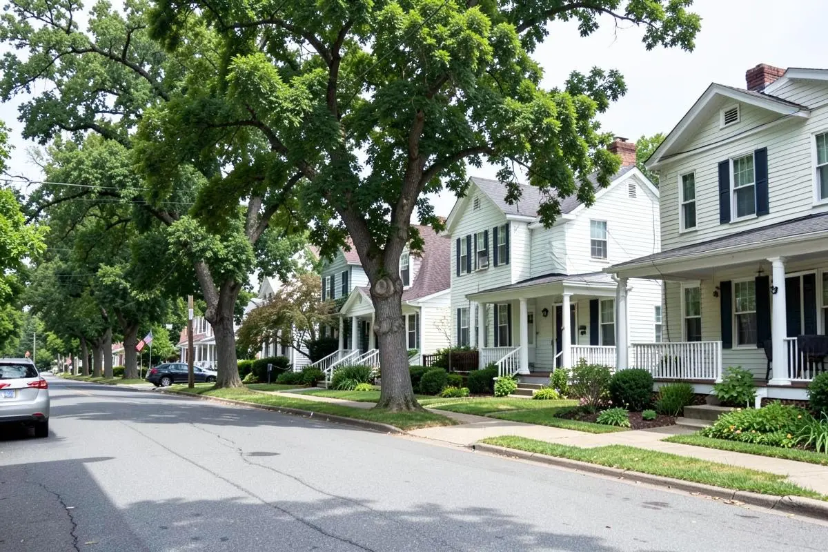 Colonial homes on a residential street near the Smithtown Bull in Smithtown, NY, Suffolk County