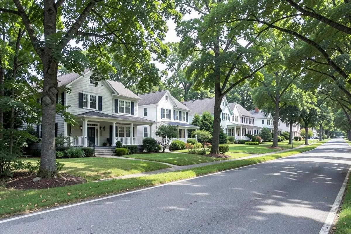 Large-lot colonial homes along a tree-lined road in Dix Hills, NY, Town of Huntington, Suffolk County