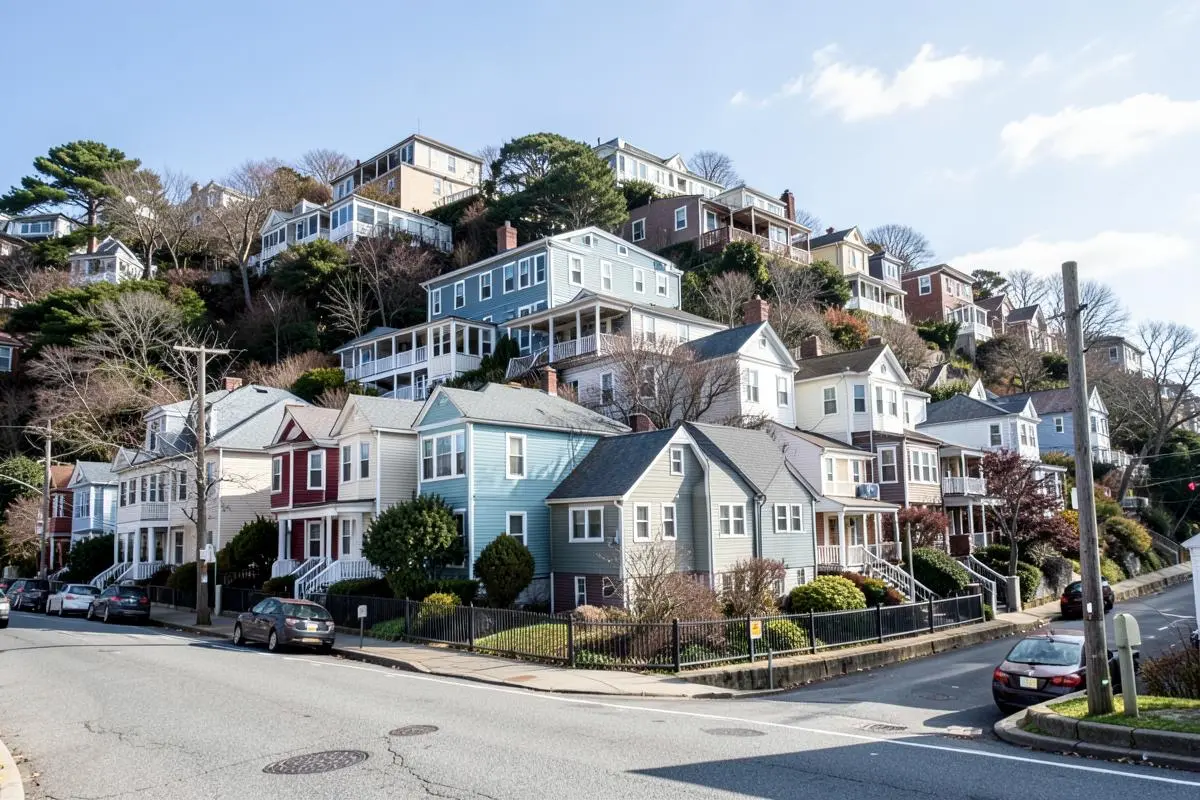 Row houses and frame homes on a hillside street above the harbor in Stapleton, Staten Island, NY