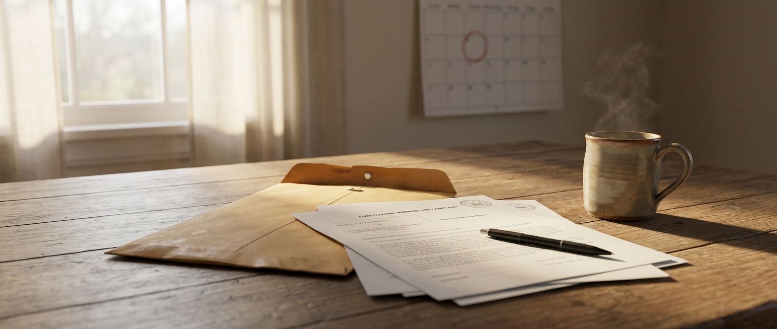 Foreclosure summons and complaint on a Long Island kitchen table next to a calendar with the answer deadline circled