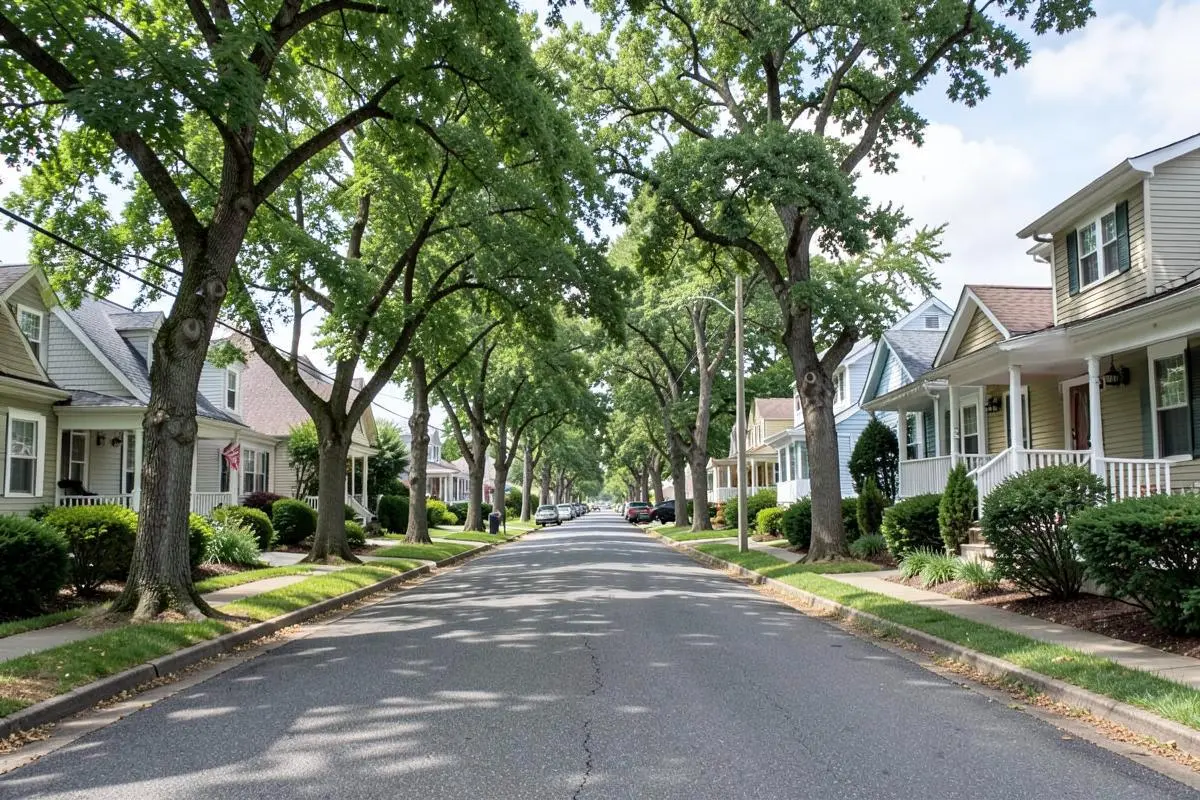 Homes along a tree-lined street south of Montauk Highway in East Islip, NY, Town of Islip, Suffolk County