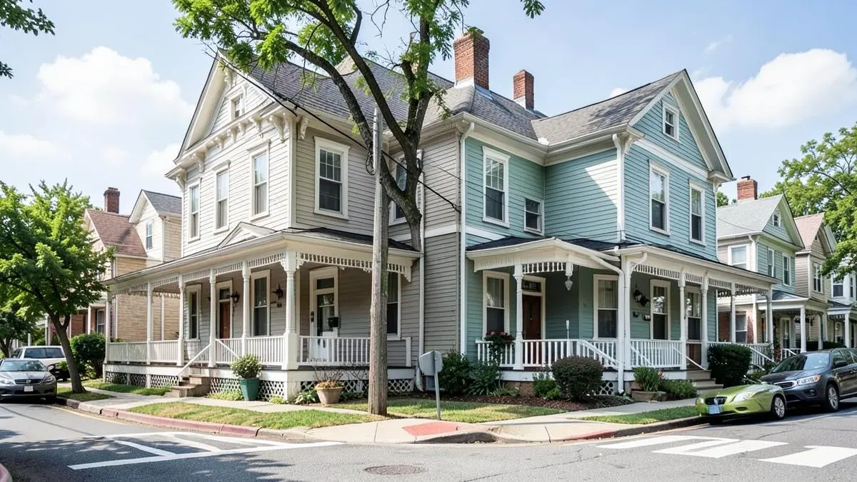 Victorian and two-family frame houses with porches on a residential street in Richmond Hill, Queens, NY