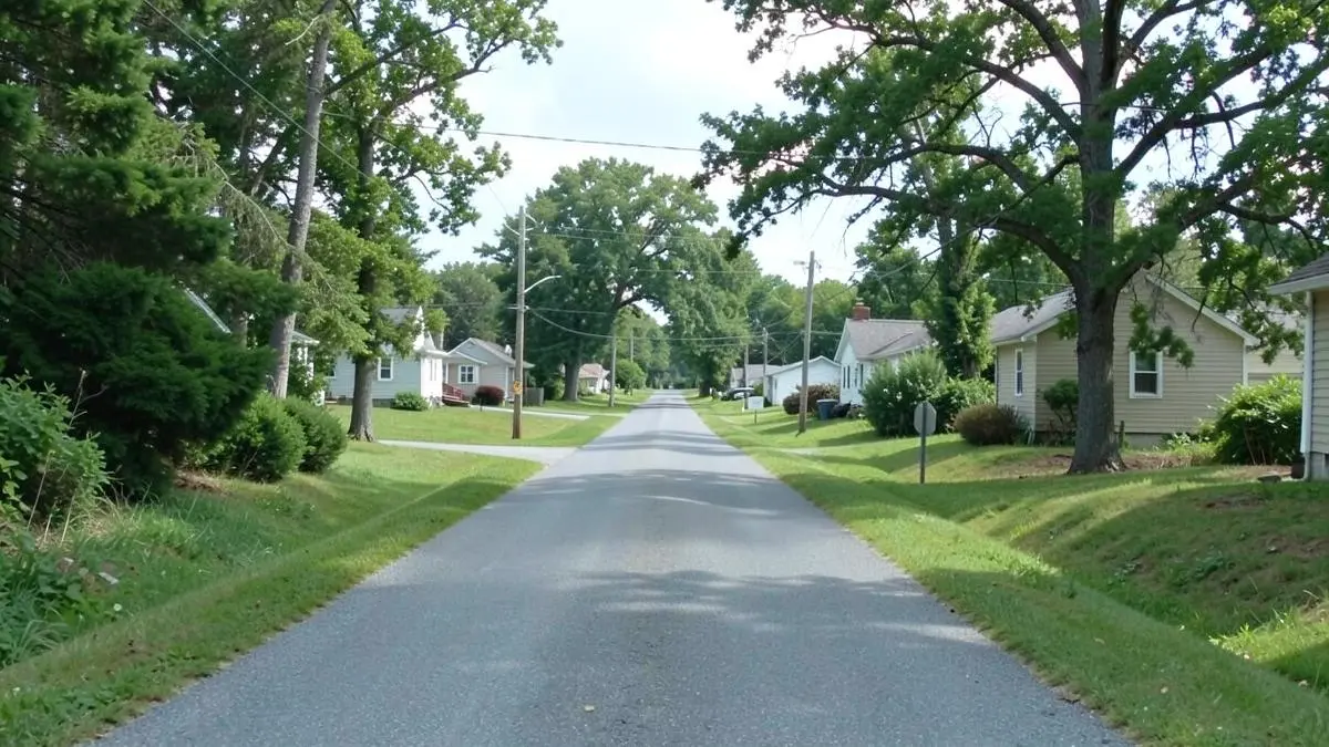 Small homes on a residential street south of the Peconic River in Riverside, NY, Town of Southampton, Suffolk County