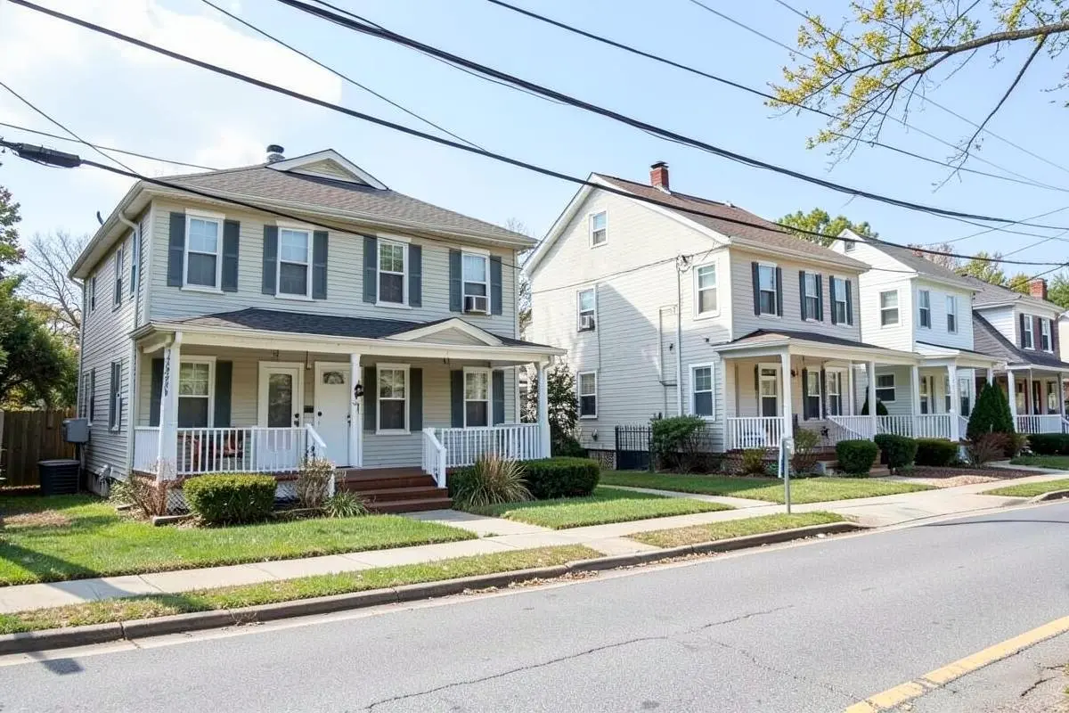 Two-family and single-family homes on a residential block near Main Street in Sayville, NY, Town of Islip, Suffolk County