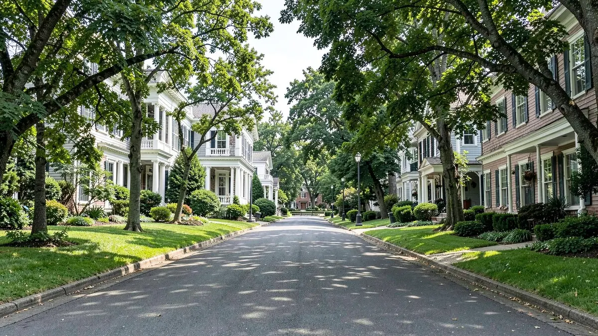 Tudor and colonial homes on a wide tree-lined street in Garden City, NY, Nassau County
