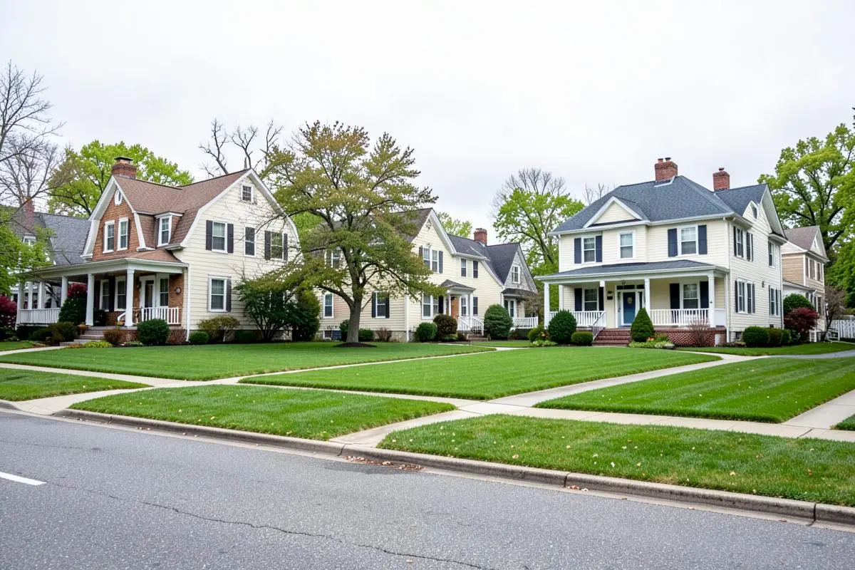 Detached colonial homes with wide lawns on a quiet street in Tottenville, Staten Island, NY