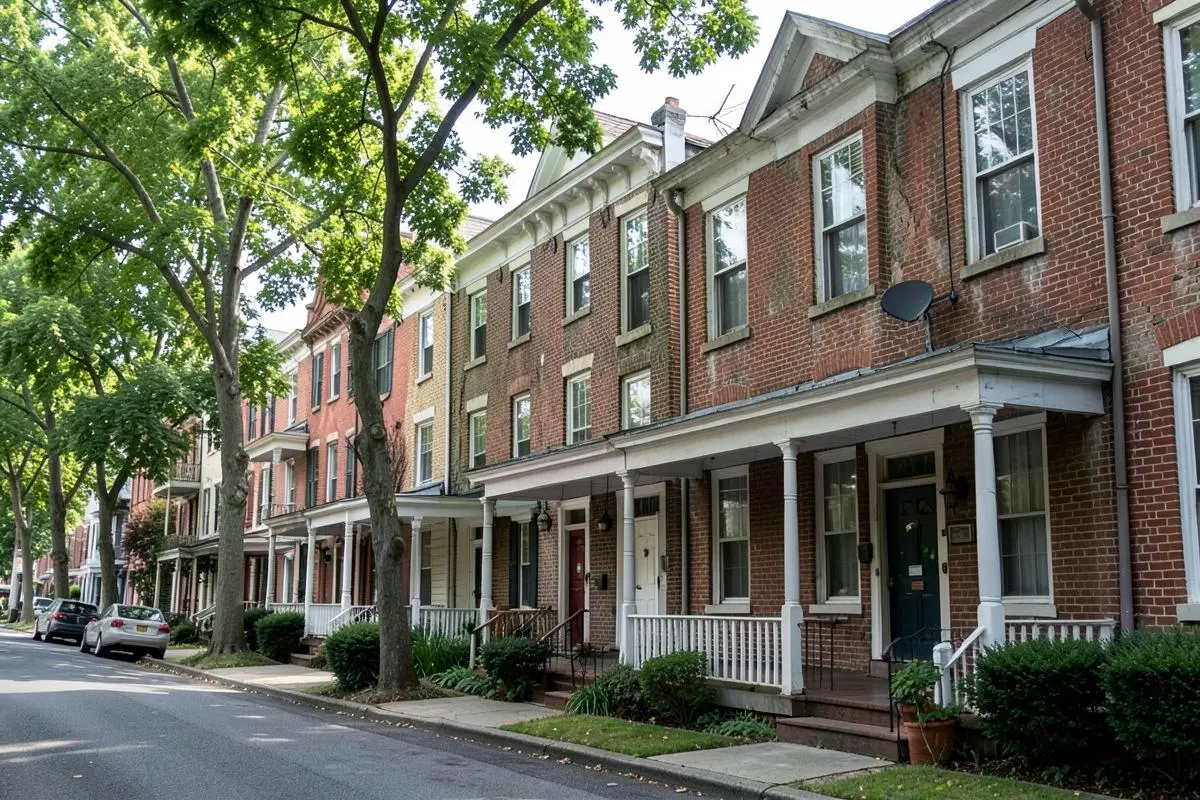Older frame and brick homes with front porches on a tree-lined street in West Brighton, Staten Island, NY