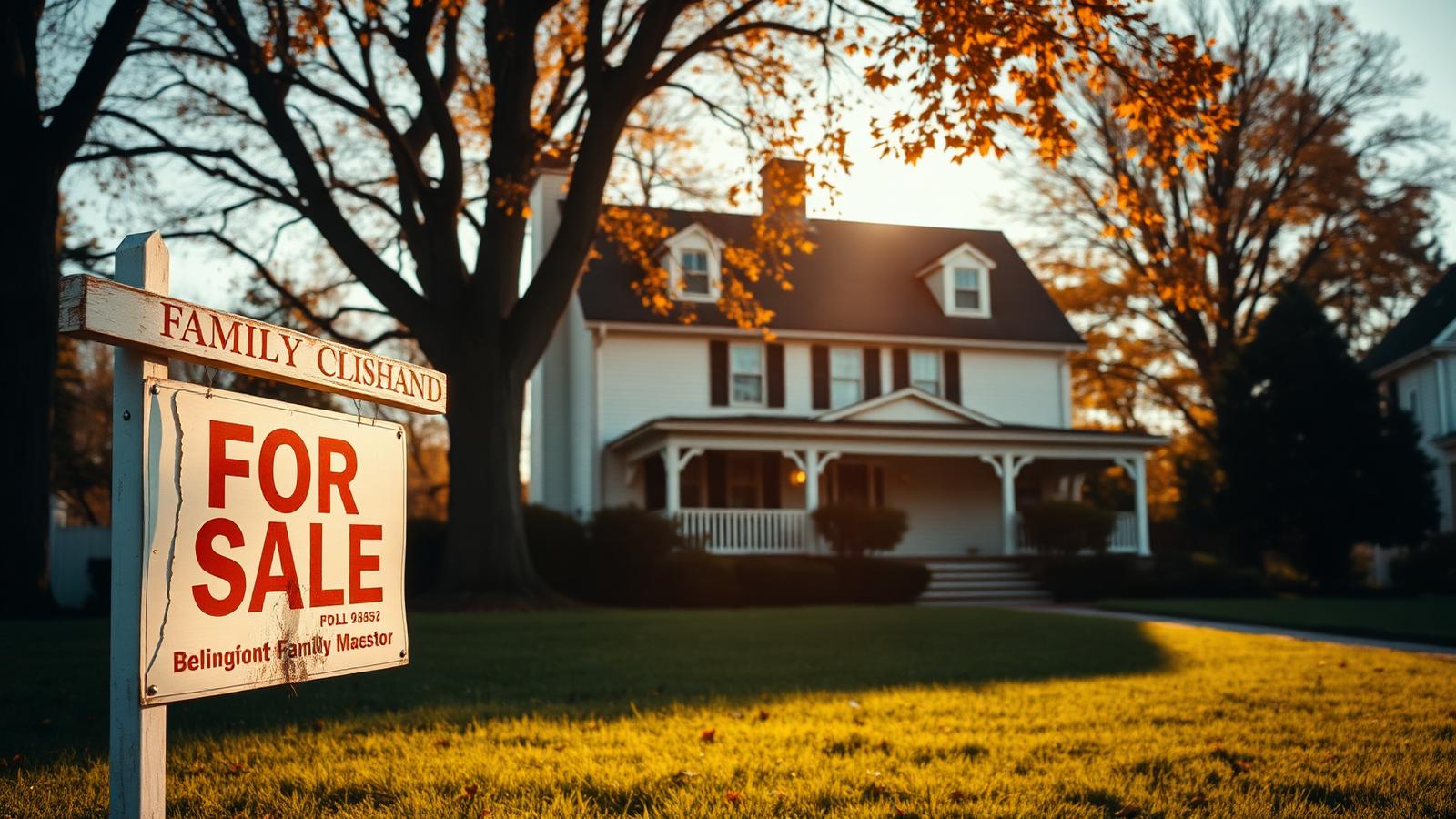 Long Island colonial home with a For Sale sign at golden hour, illustrating a partition action