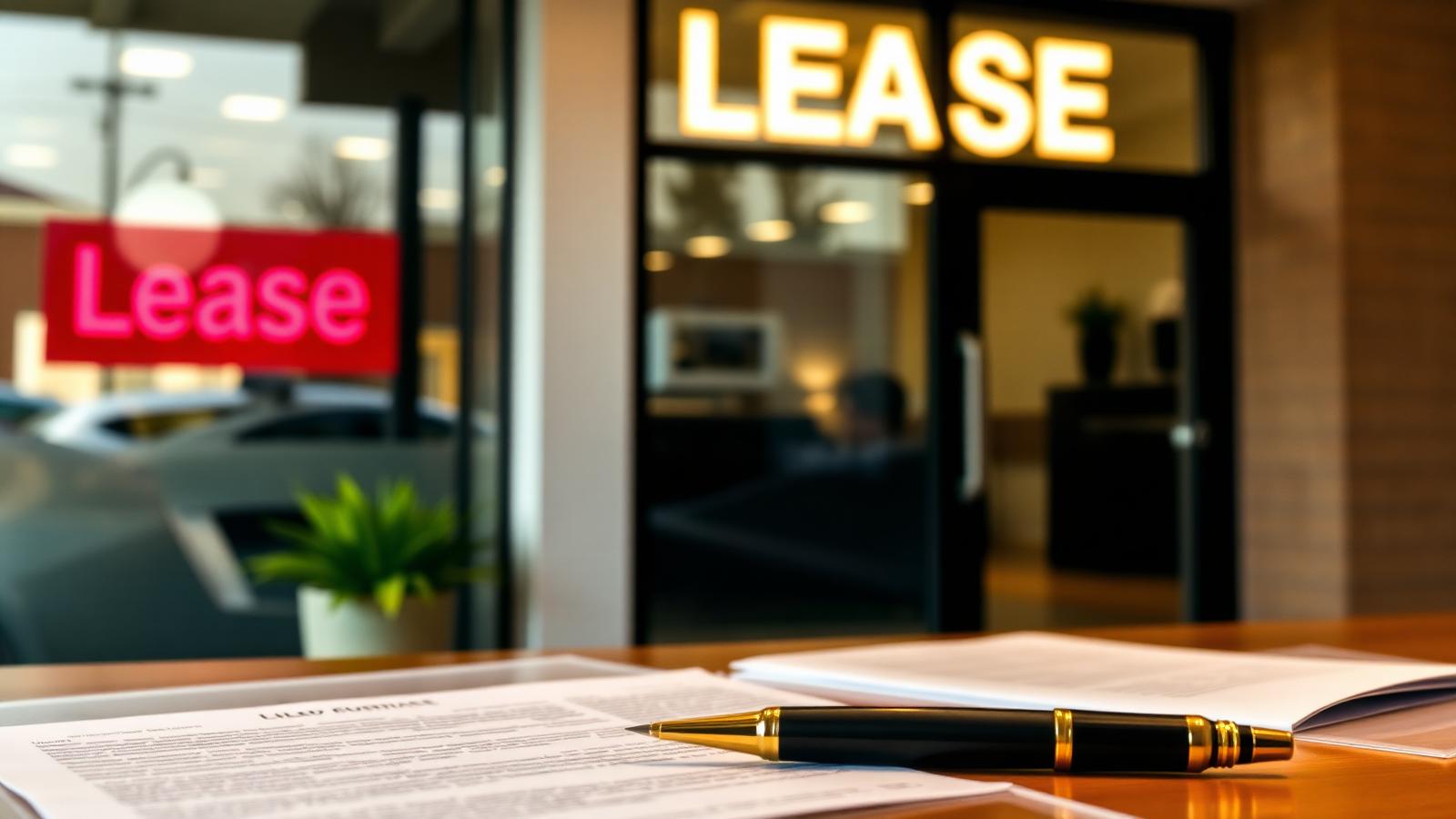 Long Island commercial storefront with lease sign and contract on desk representing New York commercial lease litigation