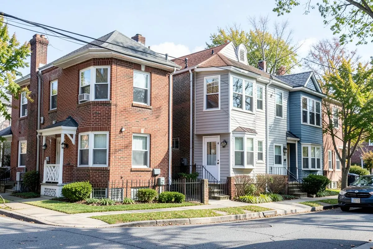 Attached brick and vinyl-sided two-family homes on a residential street in Soundview, Bronx, NY