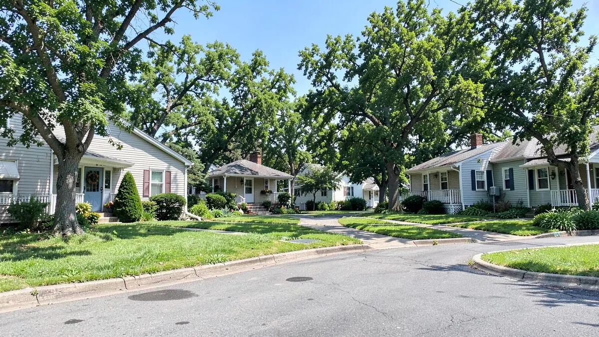 Residential street of houses and low-rise co-op buildings near the train station in Mineola, NY, Nassau County