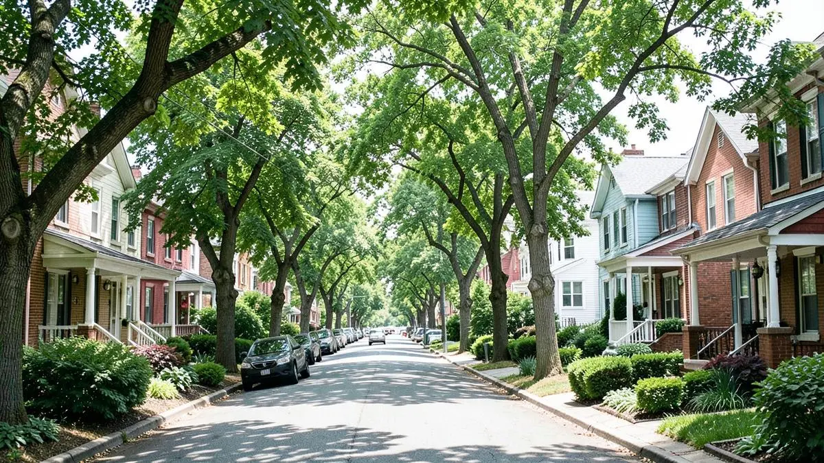Garden apartment cooperatives and single-family homes along a tree-lined street in Bayside, Queens, NY