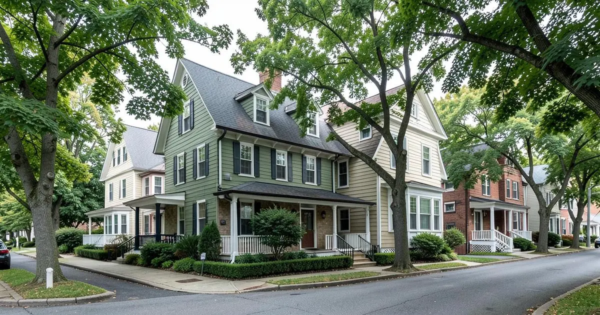Tudor and colonial homes on a tree-lined residential street in Laurelton, Queens, NY