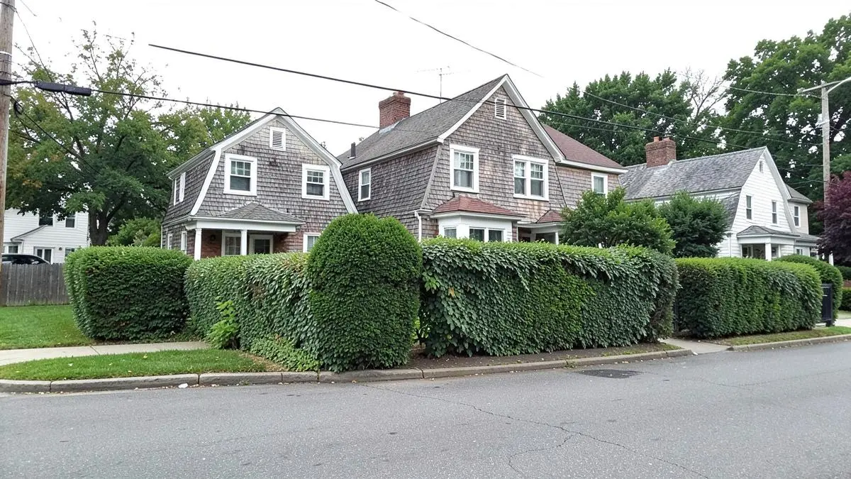 Shingled homes behind hedges on a residential lane in Southampton, NY, Town of Southampton, Suffolk County