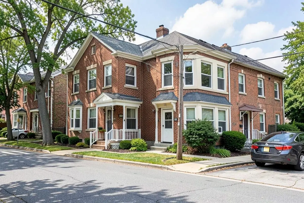 Attached brick and frame two-family homes on a residential street in Morris Park, Bronx, NY