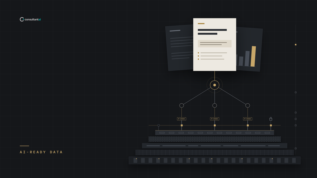 ConsultantAI editorial graphic illustrating AI-ready data as a foundation for reliable AI workflows, with structured documents and data layers feeding into an AI workflow and strategic output.