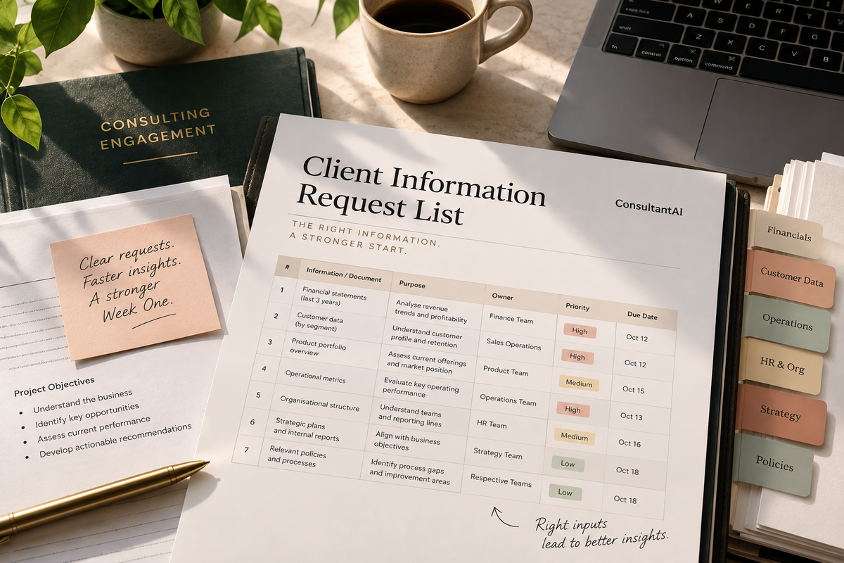 ConsultantAI editorial image showing a client information request list with documents, purposes, owners, priorities, and due dates, arranged on a consulting workspace with notes and project folders.