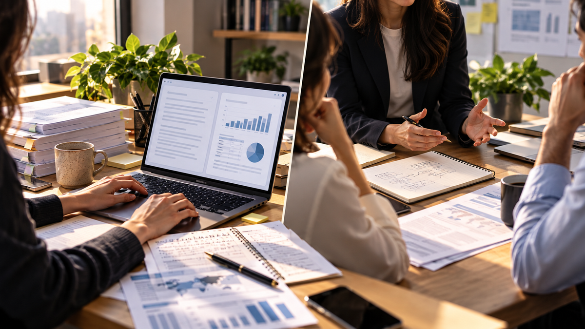 Split-screen illustration of consulting work, contrasting AI-supported research and document assembly with human-led problem framing, strategic judgment, and client conversations.