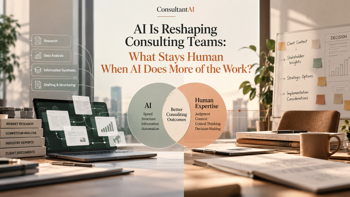 ConsultantAI blog hero image illustrating how AI supports consulting teams through research, data analysis, information synthesis, and drafting, while human expertise contributes judgment, context, critical thinking, and decision-making to achieve better consulting outcomes.