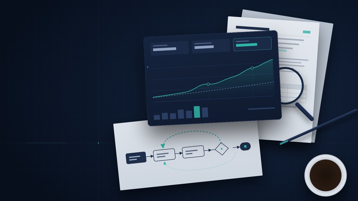 A consulting workflow analysis dashboard with business performance charts, research documents, and a process diagram on a desk.
