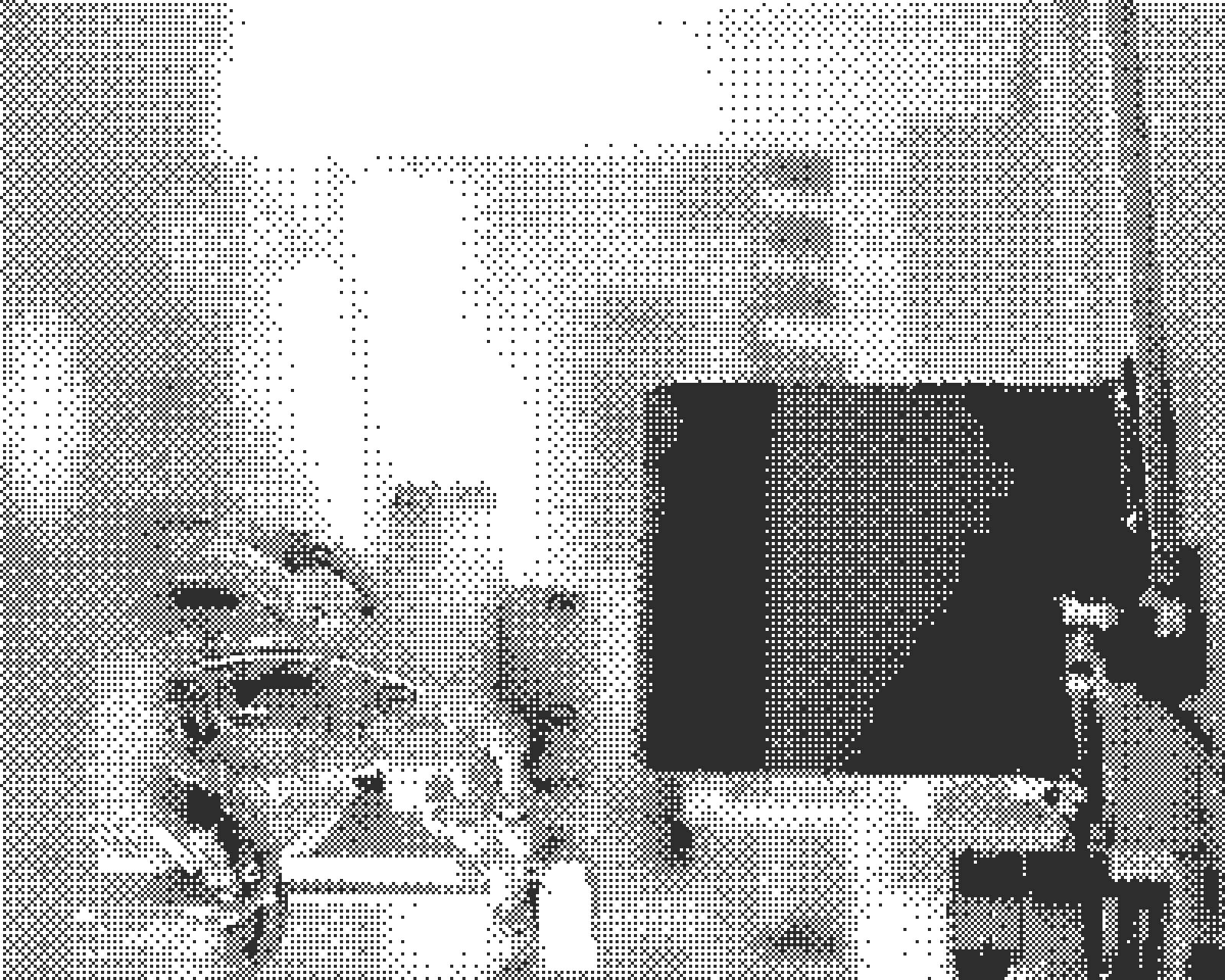 Dithered black and white photograph of an industrial site