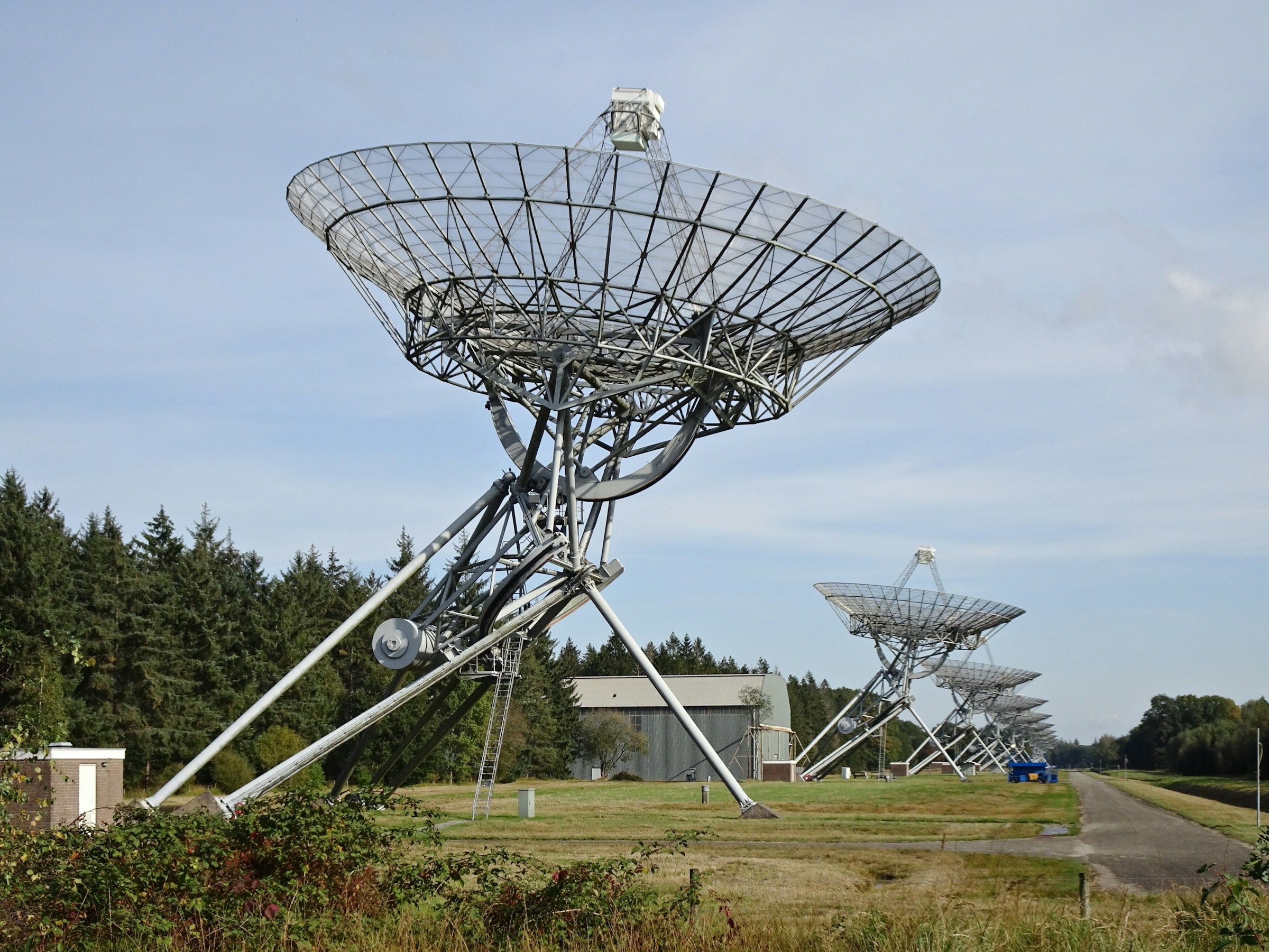 A line of European radio telescopes pointed toward the sky