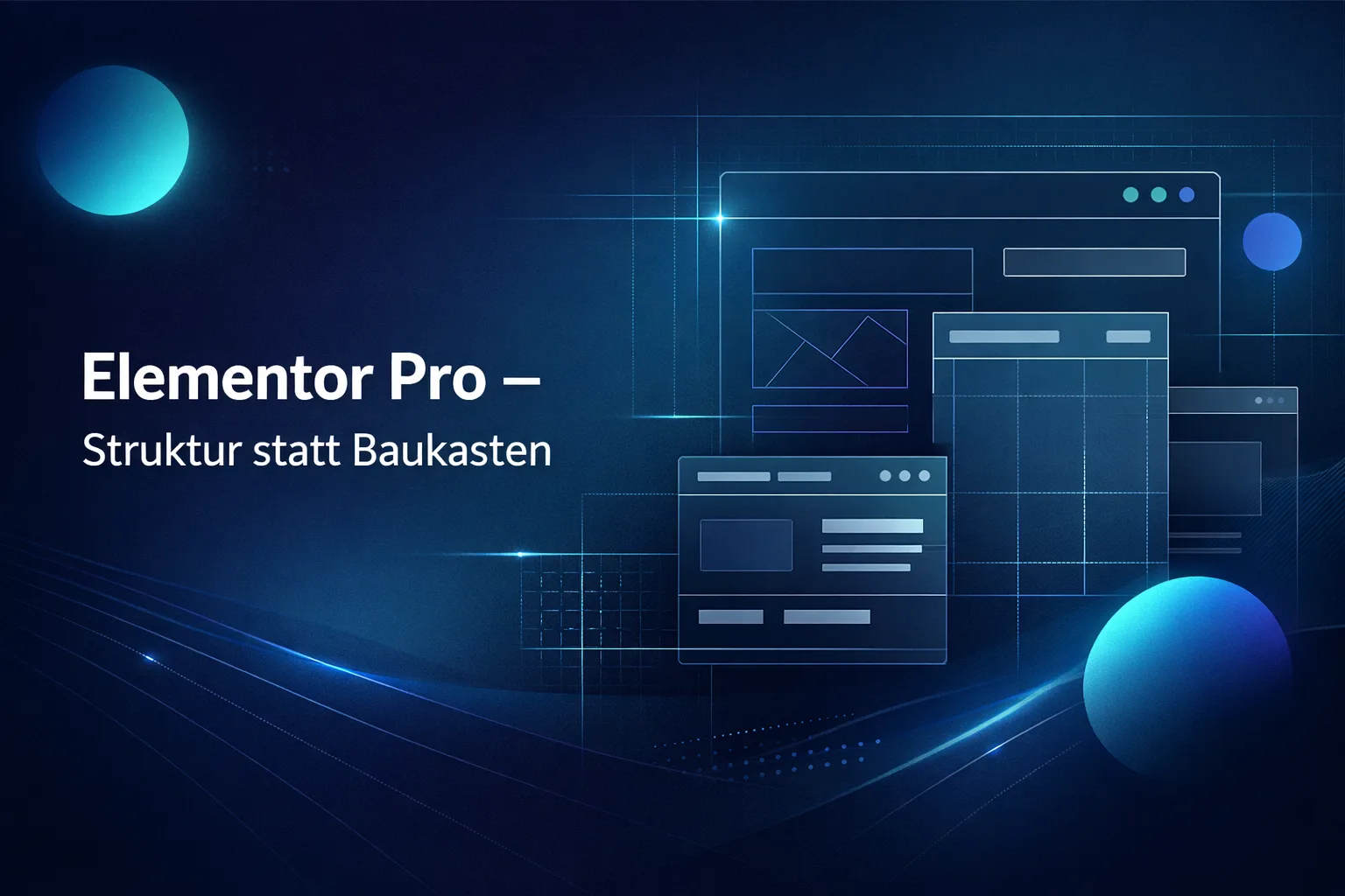 Grafik zu Elementor Pro mit abstrakten Website-Layouts und Grid-Struktur im dunklen Blau-Cyan-Design