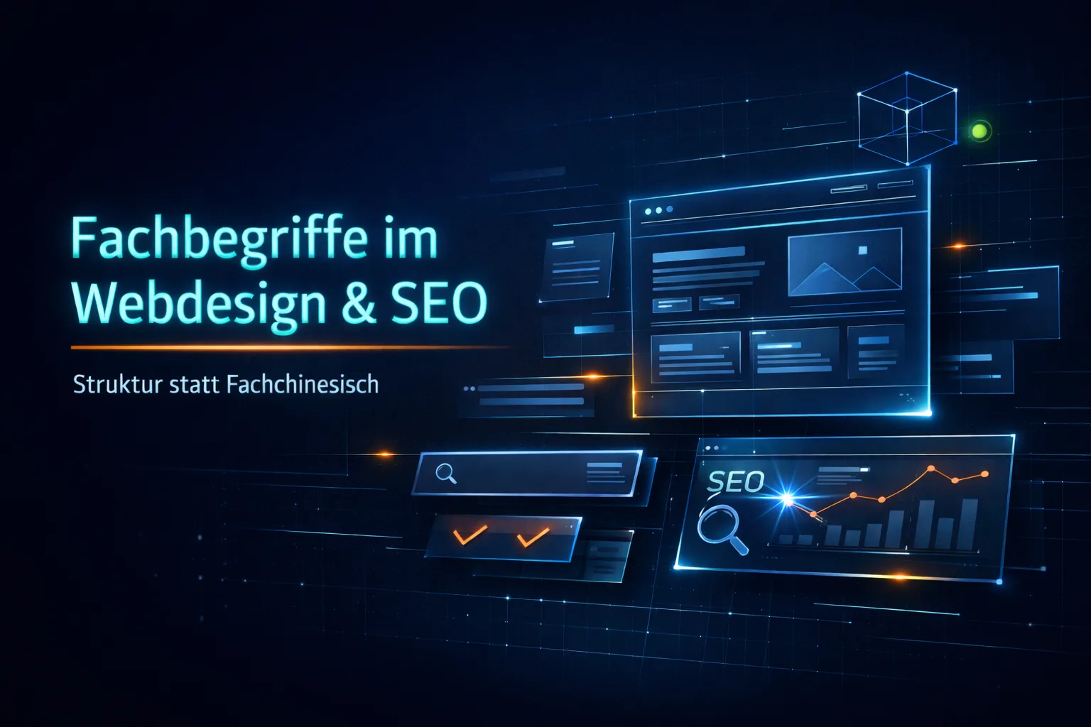 Fachbegriffe im Webdesign und SEO als digitales Interface mit Diagrammen und Suchsymbol im dunklen CoreWeb-Design