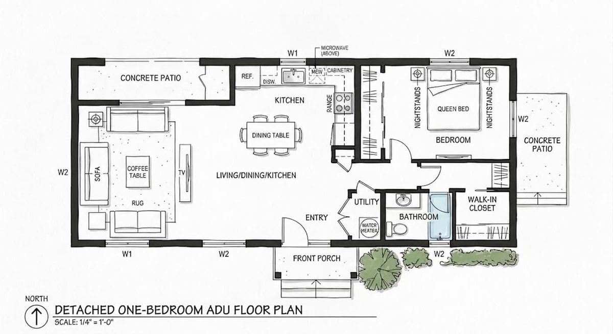 a detached one-bedroom ADU floor plan drawing with rooms labeled, around 600 square feet