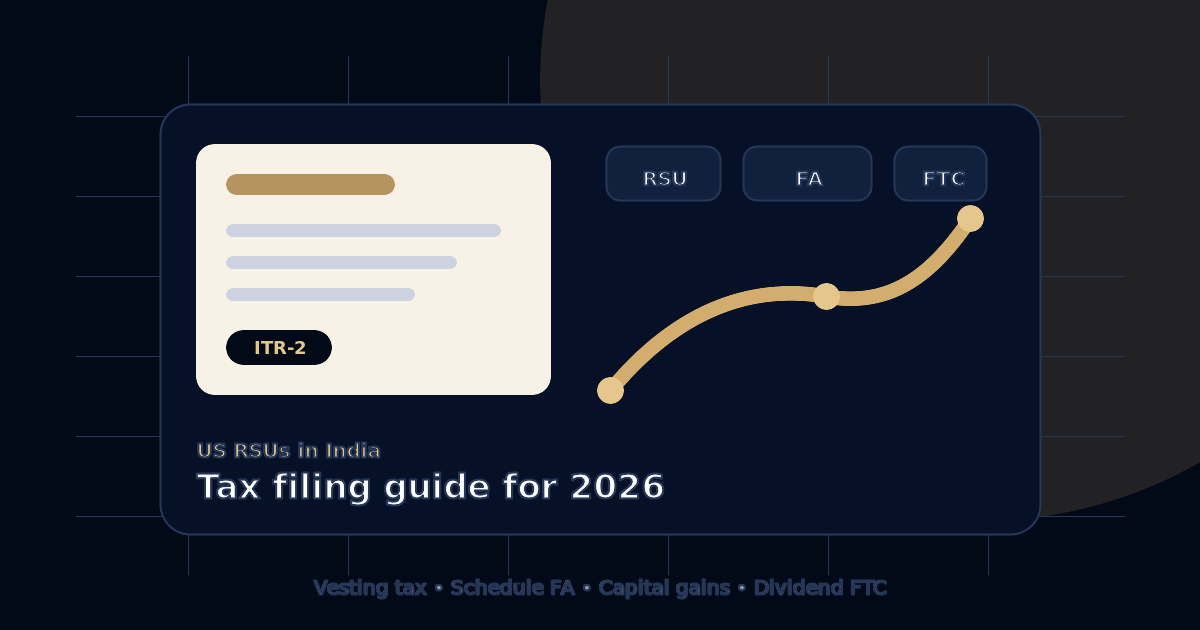Illustration of US RSU tax filing in India covering ITR-2, Schedule FA, capital gains, and dividend FTC