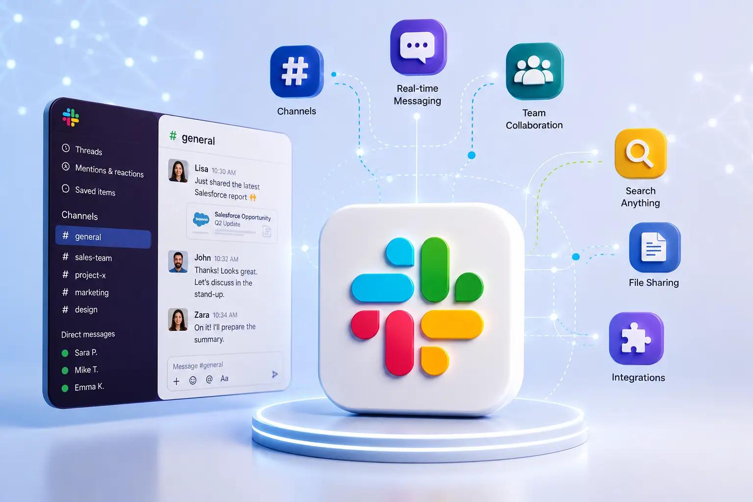 Slack collaboration platform with channels, messaging, and integrations