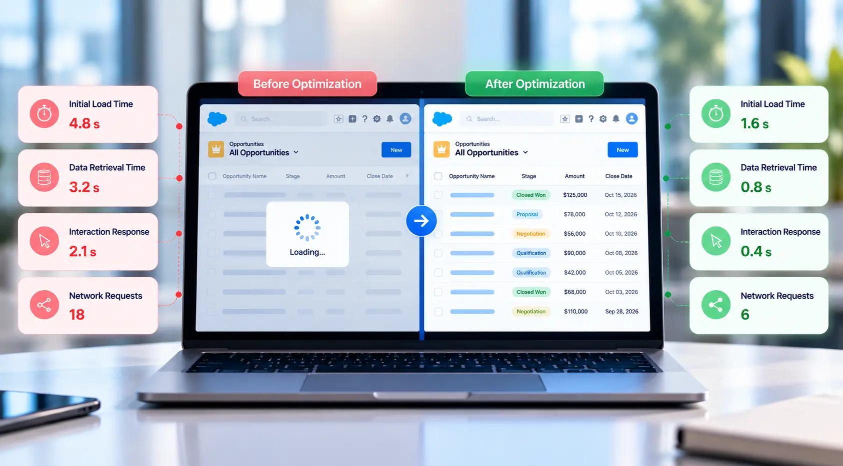 Measuring LWC performance before and after optimization in Salesforce.