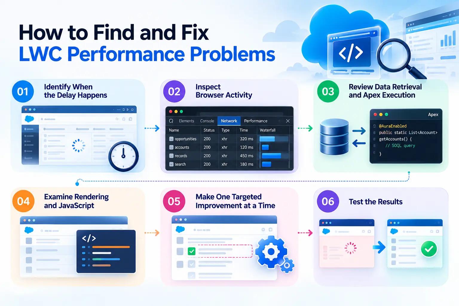 Steps to identify and fix LWC performance issues in Salesforce.