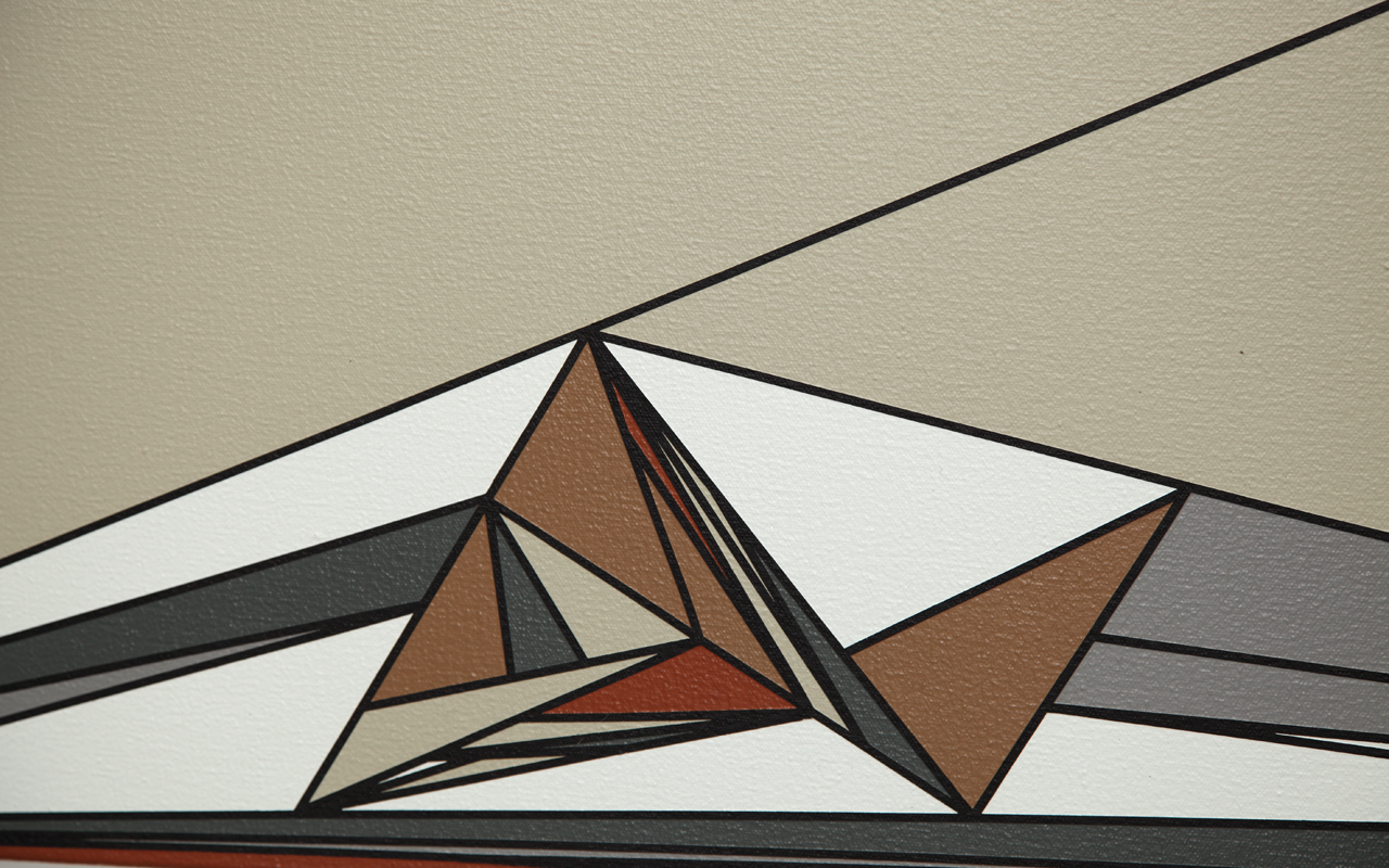 Detail of painting with grey, white and brown triangles in acrylic paint