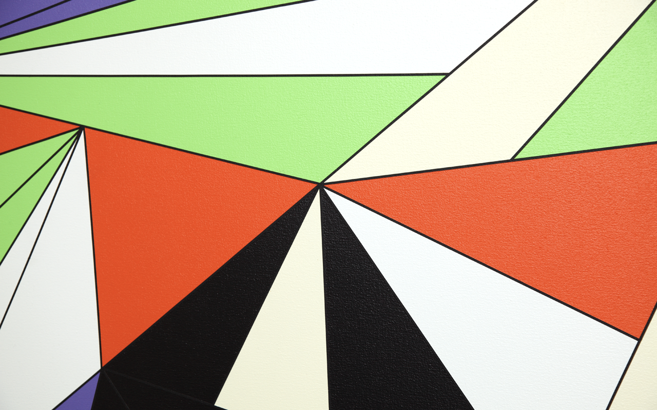 Detail of painting with orange, black and light coloured triangles